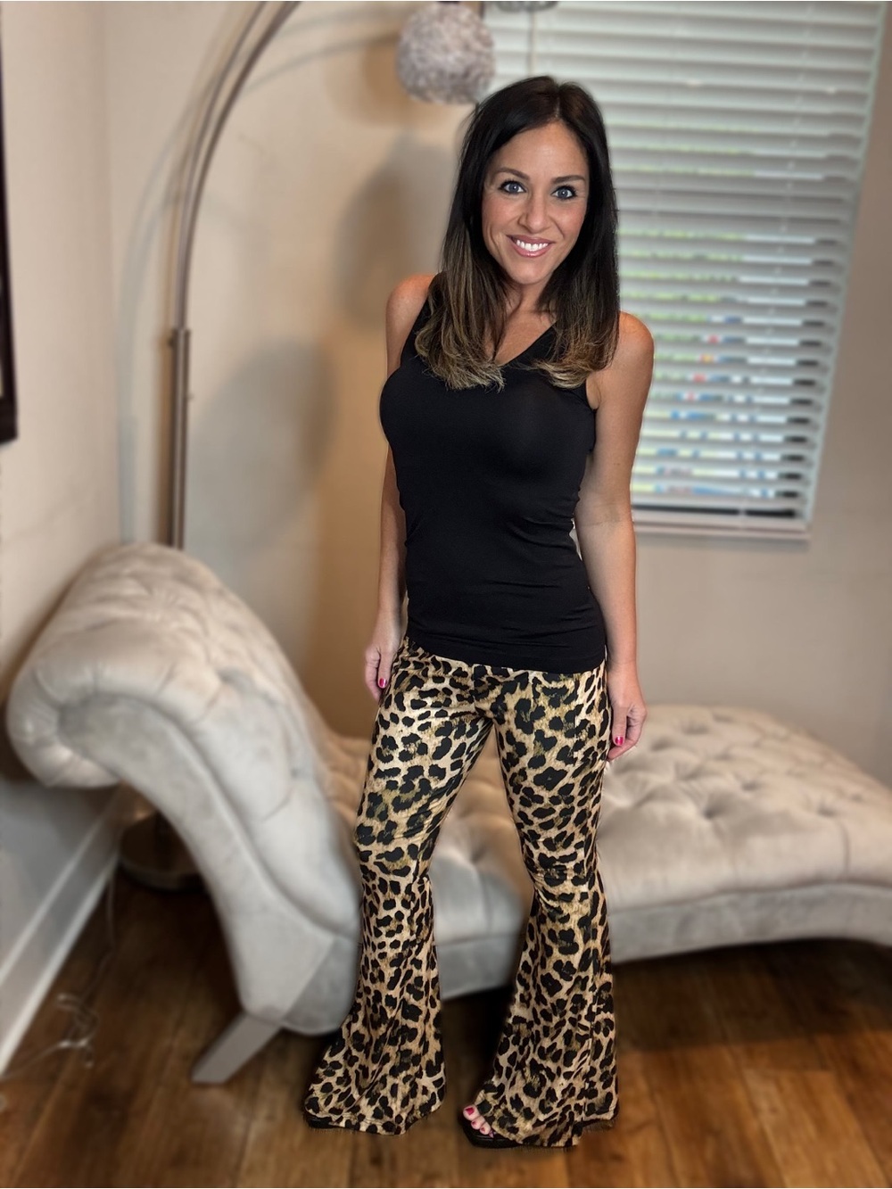 S-M Leopard Super Flare Pants - Black/Beige
